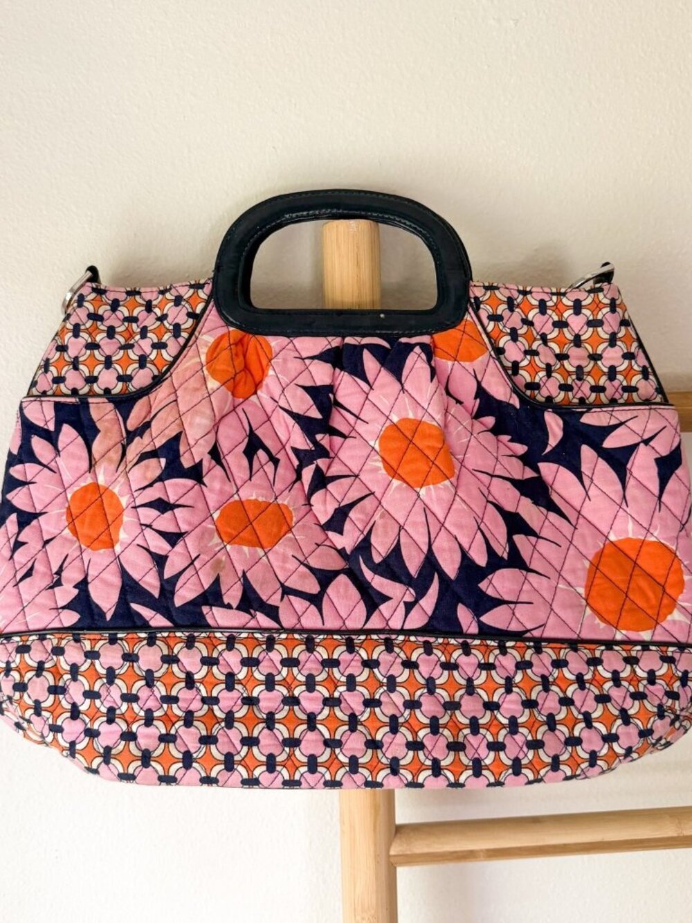 Vera Bradley Quilted Floral Frame Tote Pink Orange Top Handle Bag